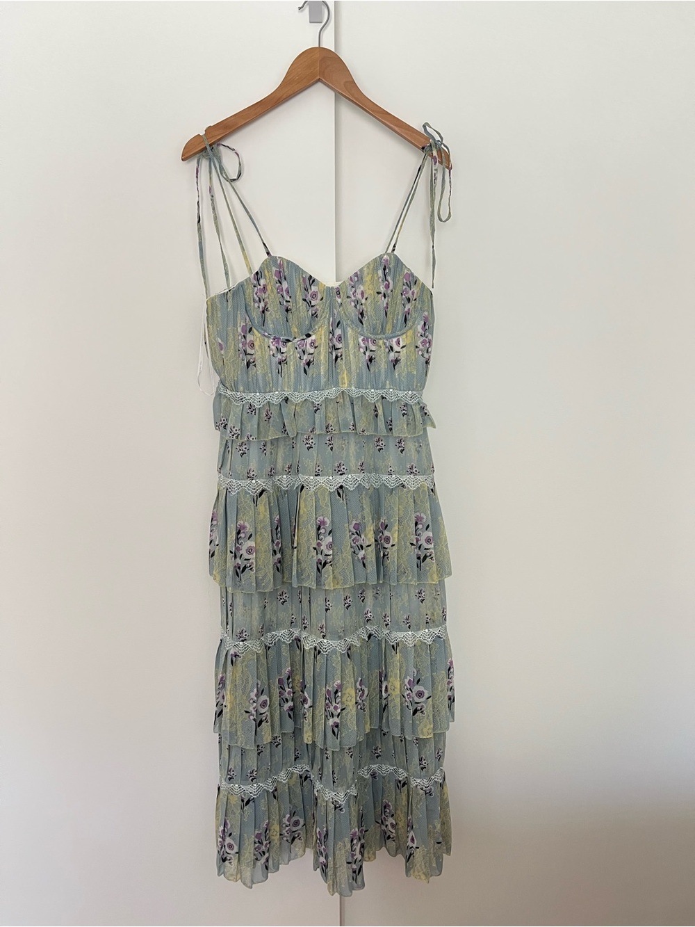 Self Portrait Tiered Midi Dress Floral Lace Printed Chiffon Mint Pastel 8 $495 - Picture 5 of 13
